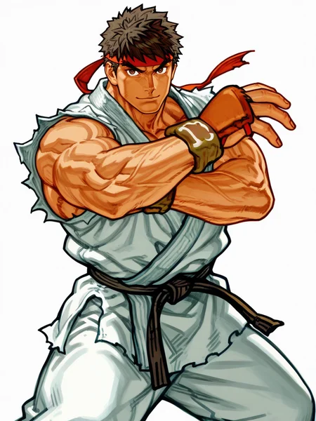 NishimuraXL,, simple background, (sketch:1.1), muscular male,
1boy, (ryu:1.1), fighting stance, light smile, 
white background, looking at viewer, dynamic pose, cowboy shot,
<lora:AKinuNishimura_Style-12:1>