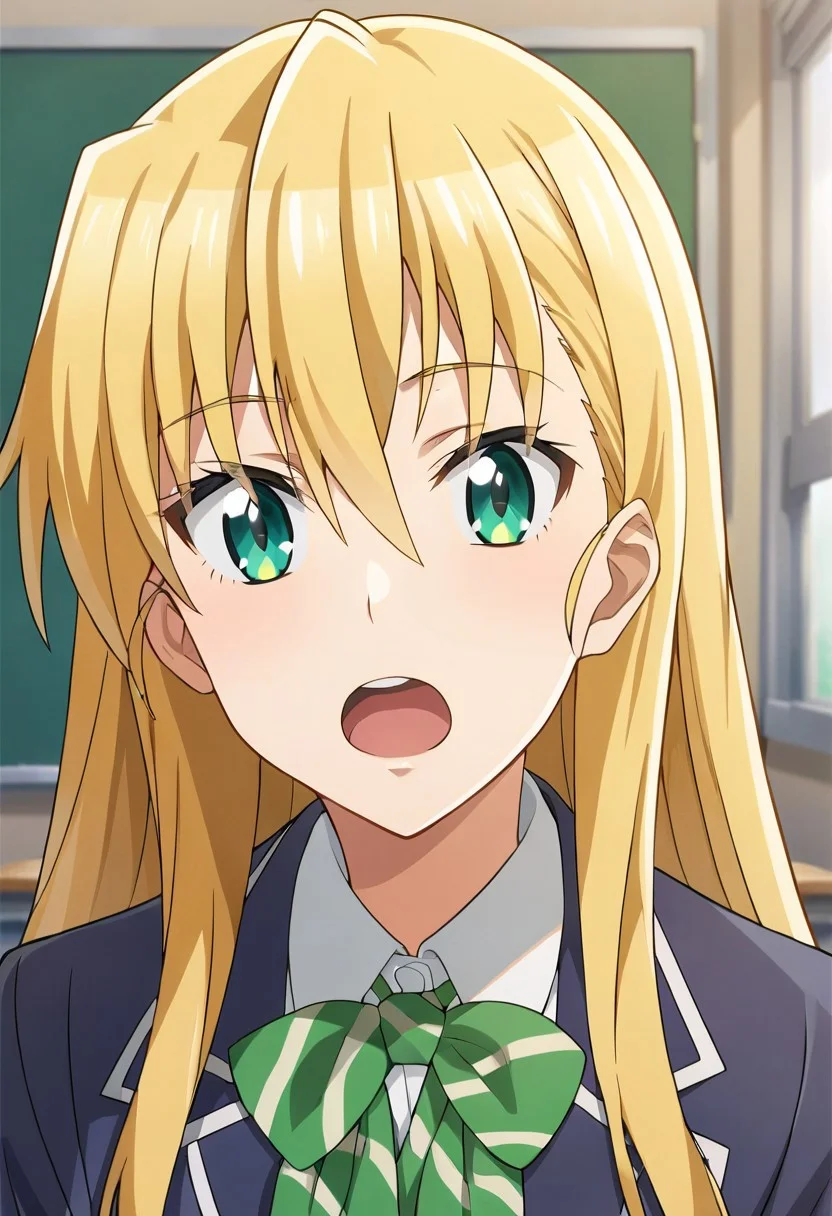 score_9, source_anime,upper body, tendou karen, long hair, blonde hair, green eyes, 1girl , open mouth, classroom, , school uniform,