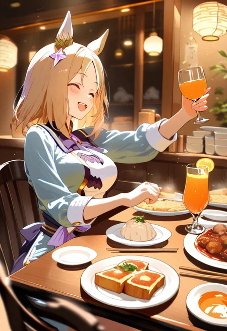 masterpiece, high score, great score, absurdres, ,
1girl,, Bar, sitting on chair, Food on table, Chinese food, several mugs, blush,Multiple dishes, toasting, Multiple dishes, toasts, orange juice, having juice, (smile,happy), narita top road \(umamusume\),
masterpiece, high score, great score, absurdres, reflection, , motion blur, depth of field, faux traditional media,