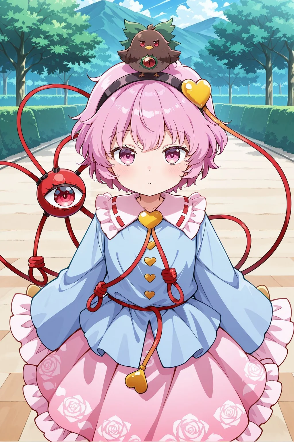 absurdres, highres, masterpiece, best quality, amazing quality, official anime artwork, screencap, anime screencap, looking at viewer, outdoors,
<lora:Komeiji-Satori_IllustriousV2:1> komeiji satori, 1girl, solo, pink eyes, pink hair, short hair, third eye,, komeiji satori \(tiny underworld queen\), aged down, black hairband, blue shirt, heart hair ornament, yellow heat, frilled shirt, long sleeves, wide sleeves, yellow buttons, heart button, pink skirt, frilled skirt,
bird on head, reiuji utsuho (bird), green bow, hair bow,