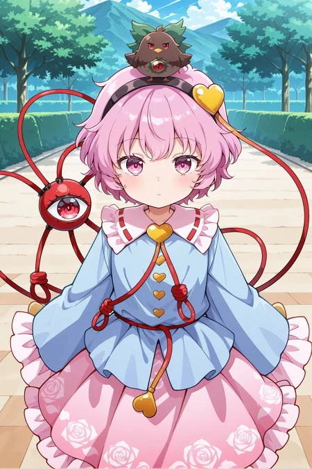 absurdres, highres, masterpiece, best quality, amazing quality, official anime artwork, screencap, anime screencap, looking at viewer, outdoors,
<lora:Komeiji-Satori_IllustriousV2:1> komeiji satori, 1girl, solo, pink eyes, pink hair, short hair, third eye,, komeiji satori \(tiny underworld queen\), aged down, black hairband, blue shirt, heart hair ornament, yellow heat, frilled shirt, long sleeves, wide sleeves, yellow buttons, heart button, pink skirt, frilled skirt,
bird on head, reiuji utsuho (bird), green bow, hair bow,