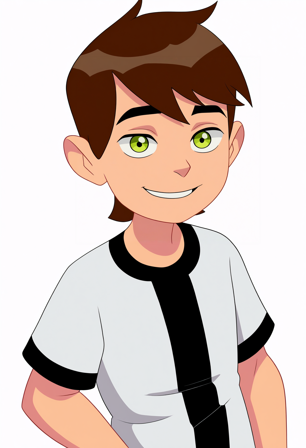 best quality, amazing quality, very aesthetic, absurdres,
 1boy, bentennyson, brown hair, green eyes,
 green cargo pants, shirt, 
upper body, smile,
looking at viewer, solo, simple background, white background,     <lora:Ben10NoobXL_byKonan:1>