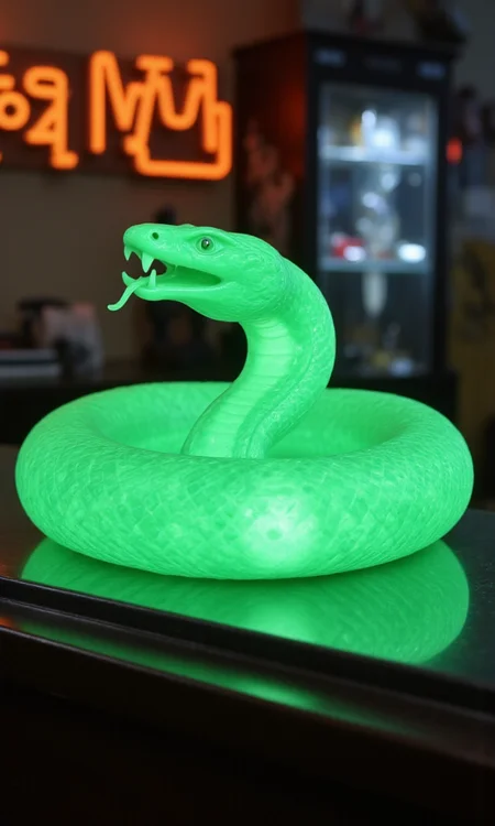jade_snake, shebaaobao, neouv, cartoon snake made out of glowing illuminated iridescent jade ready to bite somebody on the counter of a pawn shop in New York City <lora:jadesnakeflux-000001.safetensors:1.0> <lora:shebaobao_flux_snake_Cartoon_v2.safetensors:0.3> <lora:neouv_flux_03.safetensors:1.0>