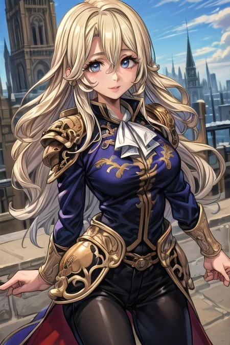 masterpiece, Lily Kokoschka , best quality, best quality, ultra-detailed, highres,sharp focus,(ultra detailed,extremely detailed), 1girl,(masterpiece, best quality), LilyKOKOSCHKA, 1girl, solo, long hair, blonde hair, hair between eyes, uniform, ascot, wavy hair, eyes visible through hair, white ascot, riding pants, hungry clicker,  (((medieval man armor,adventurer man armor,winter coat))),(((intricate outfit,intricate clothes, embroidered outfit,ornate outfit,embroidered clothes,ornate armor))),