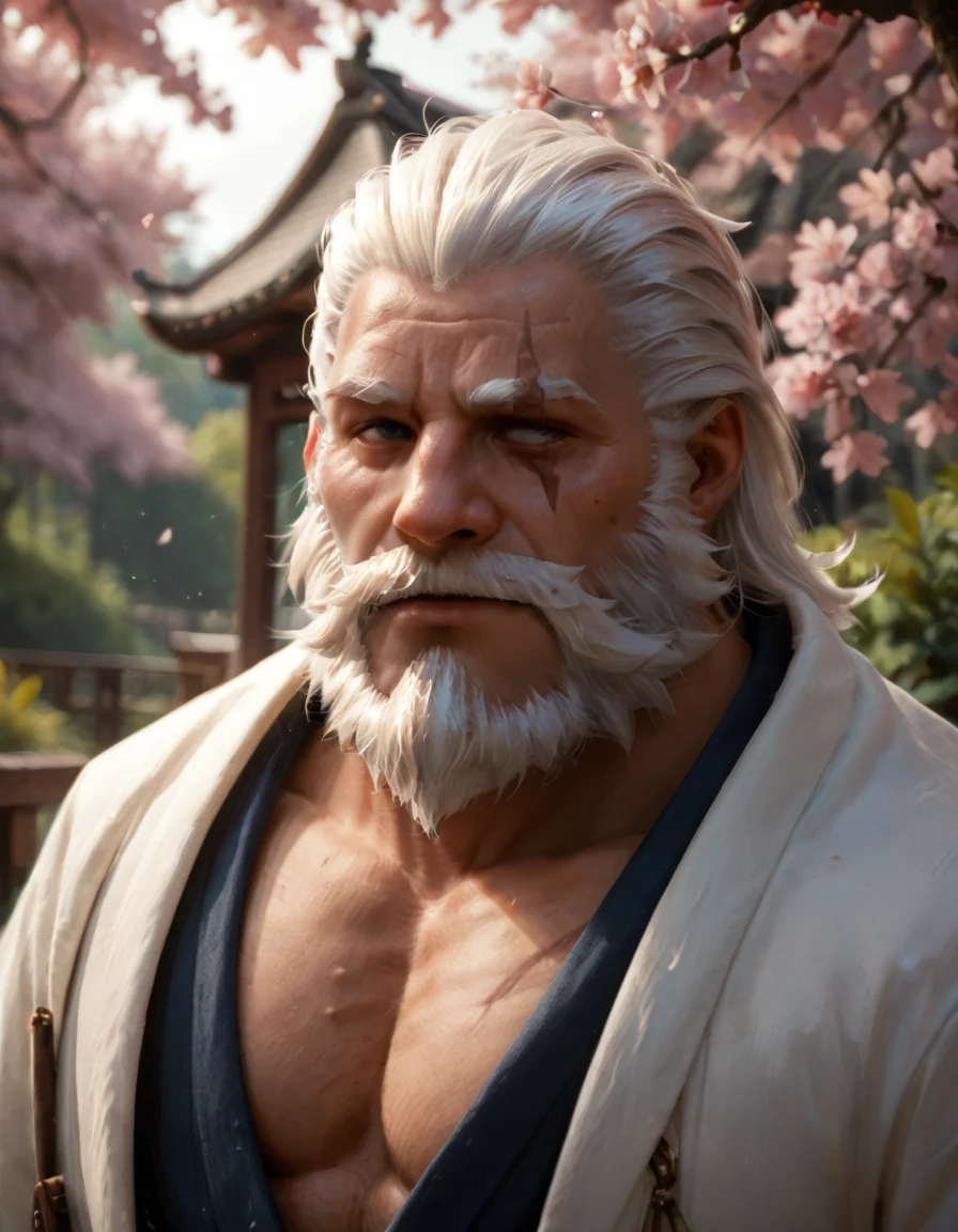score_9,score_8_up,score_7_up,score_6_up,(front view:1.2),A muscular old man standing under a cherry blossom tree,intricate details,<lora:ponyreinhardt:0.8>,reinhardt,scar across eye,One eye is blind,beard,white hair,