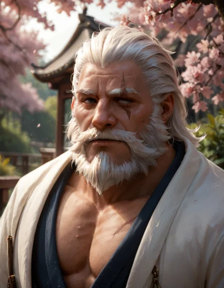 score_9,score_8_up,score_7_up,score_6_up,(front view:1.2),A muscular old man standing under a cherry blossom tree,intricate details,<lora:ponyreinhardt:0.8>,reinhardt,scar across eye,One eye is blind,beard,white hair,