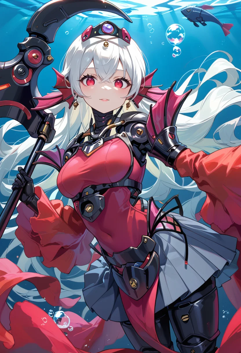 (score_9:0.9),score_8_up,score_7_up,rating_explicit,(zPDXL),(zPDXL3),
<lora:Tearlaments Kashtira PonyXL v1:0.73>,red dress,score 9,source anime,tearlaments kashtira,black tiara,red detached sleeves,1girl,solo,red eyes,bubble,holding scythe,looking at viewer,underwater,medium breasts,robot,mechanical mermaid,black pleated skirt,science fiction,machinery,