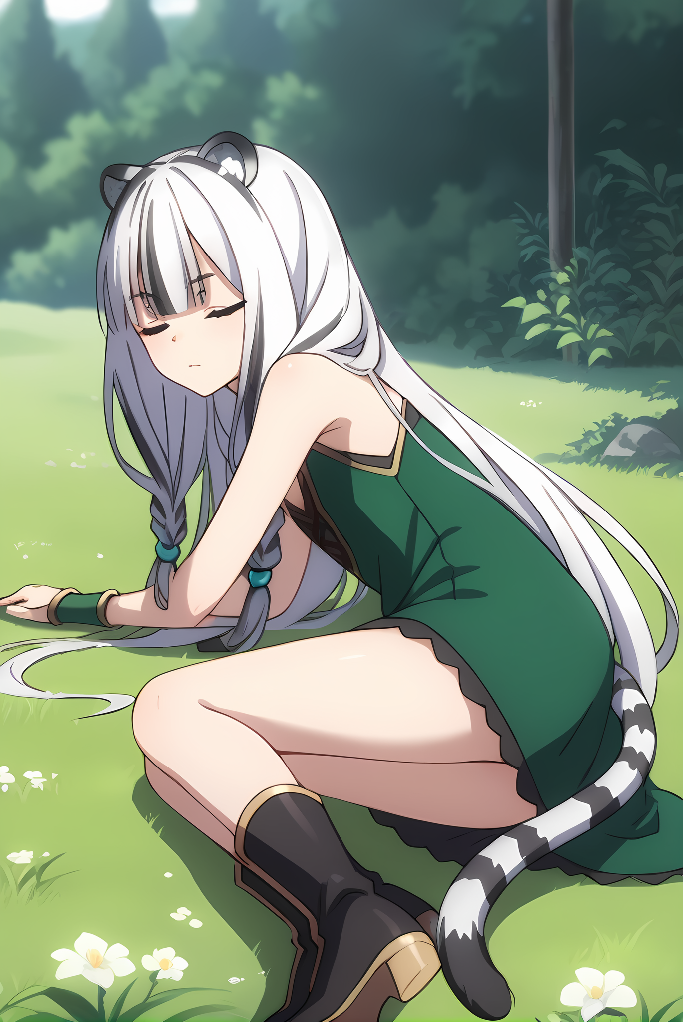 (green dress black boots), tny-atla, tiger tail, tiger ears, white hair, long hair, green armlets, 1girl, solo, skinny, feet, score_9, score_8, score_7, source_anime, horny, outdoors, (1.3::full body|sitting|standing|lying|0.6::close-up| :1.20), closed eyes <lora:tny-atla-V01-000004:1.00>