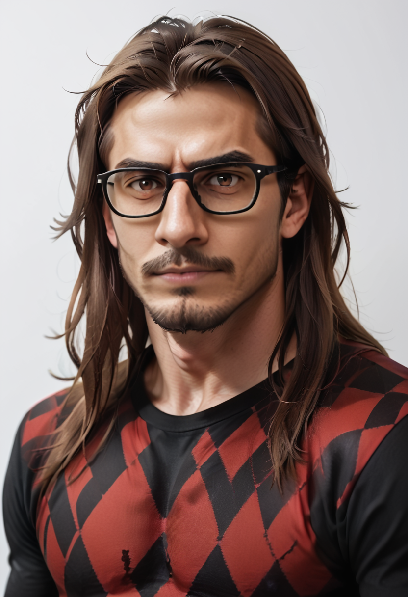 <lora:MilfredPXL-2:1> milfredpxl, (realistic), solo, looking at viewer, simple background, shirt, white background, upper body, male focus, black shirt, portrait, checkered clothes