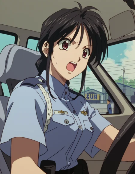 score_9,  score_8_up, score_7_up, <lora:miyuki-natsumi-movie-ponyxl:0.8>  1girl, driving, kobayakawa miyuki, black hair, police uniform, radio, open mouth, talking