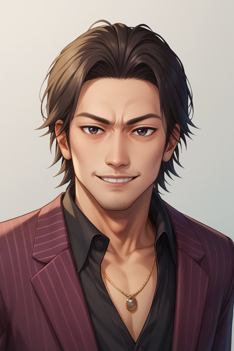 score_9, score_8_up, score_7_up, BREAK, 1boy, solo,  <lora:akiyama-guy-PONYv1:1>, akiyama, necklace, jacket, black shirt, striped, suit, belt, black pants, formal, looking at viewer, simple background, smile, teeth, upper body, portrait,
