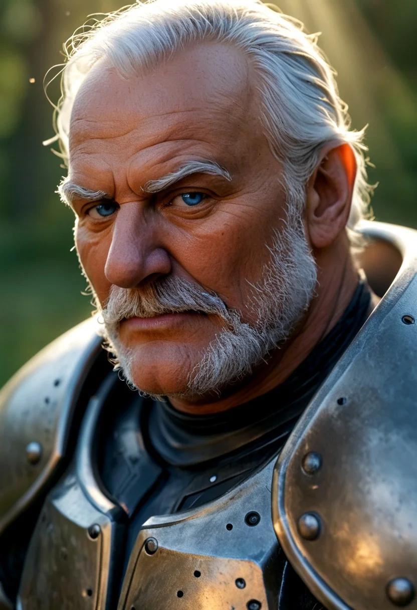 realistic, closeup portrait, face portrait, focus on face, seen from the side, volumetric light rays, natural light, alone, solo, relaxed cute pose, arm resting on leg, old granddad, old man, grandpa, tanned skin, strong tan, pubic-hair, small flat crooked down nose, bushy eyebrows, hairy chest, chesthair, strong manly round chubby face, deep blue eyes, (charming, handsome, sensual, arrogant, challenging), wearing cybernetic armor, cybernetic bodysuit, cyberpunkt accessoires