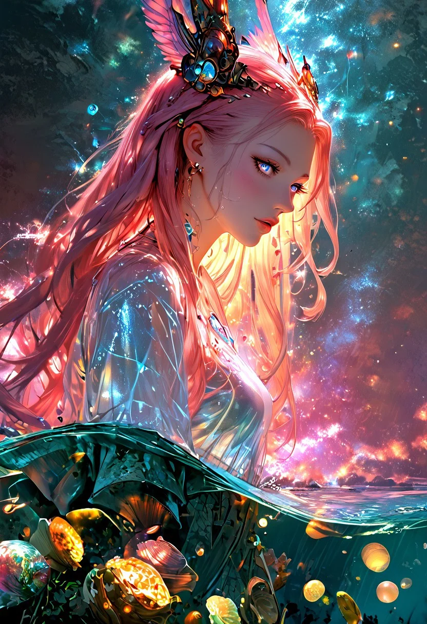 (score_9, score_8_up), score_7_up, zPDXL, solo, zPDXL3, <lora:MythAnim3Style:0.8>, MythAn1m3, character, source_anime, 1girl, mermaid, Iridescent eyes, aquatic scene, dreamlike atmosphere, mystical, ethereal light, detailed textures, whimsical, rippling, dripping, water element, very long cascading hair, water, very beautiful, sexy, sexy body, beautiful body, scales, wet body, Iridescent scales, bubbles, water drops, Iridescent skin, multi colored eyes, partially underwater shot, bioluminescent skin, bioluminescent, glowing, bioluminescent scales, bioluminescent hair, bioluminescent scales, FastNegativeV2, verybadimagenegative_v1.3, laser light clothes, submerged breast, water line on lense, view from under water, waterline, great lighting, seashells details, metallic details, hair ornaments, gems, sunset, bioluminescent tattoos, style-nebmagic, coastal landscape background, long hair braids, wet transparent clothing, wet see through shirt, see-through clothing, translucent clothing, flowing sleeves, hair covering nipples, pink hair,