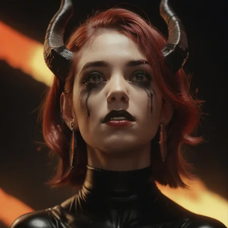score_9, score_8_up, score_7_up, score_6_up, flmgr, flmgr, film grain, cinematic, 1girl, long red hair, horns, dark eyes, black lipstick, glossy makeup, teardrop makeup, black latex outfit, choker, large earrings, fiery background, blurry background, warm lighting, indoor, detailed
