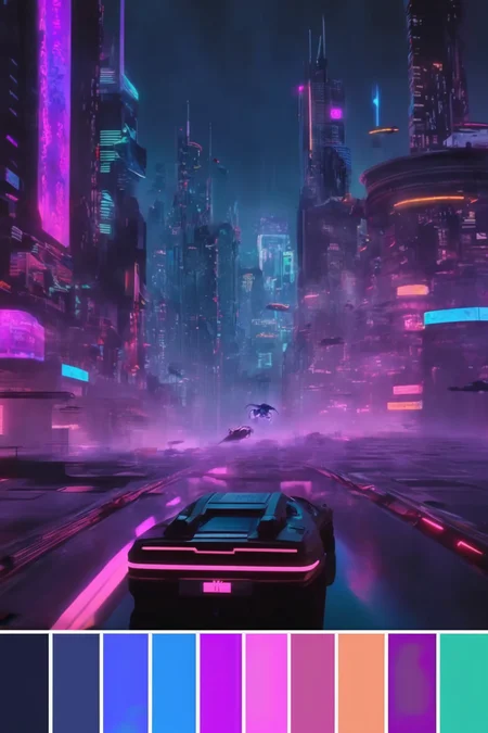 <lora:Cinema Color Palette:1>Color Palette - A cyberpunk cityscape at midnight. Hover cars zoom past neon skyscrapers, and a hacker in a VR headset navigates the digital realm.