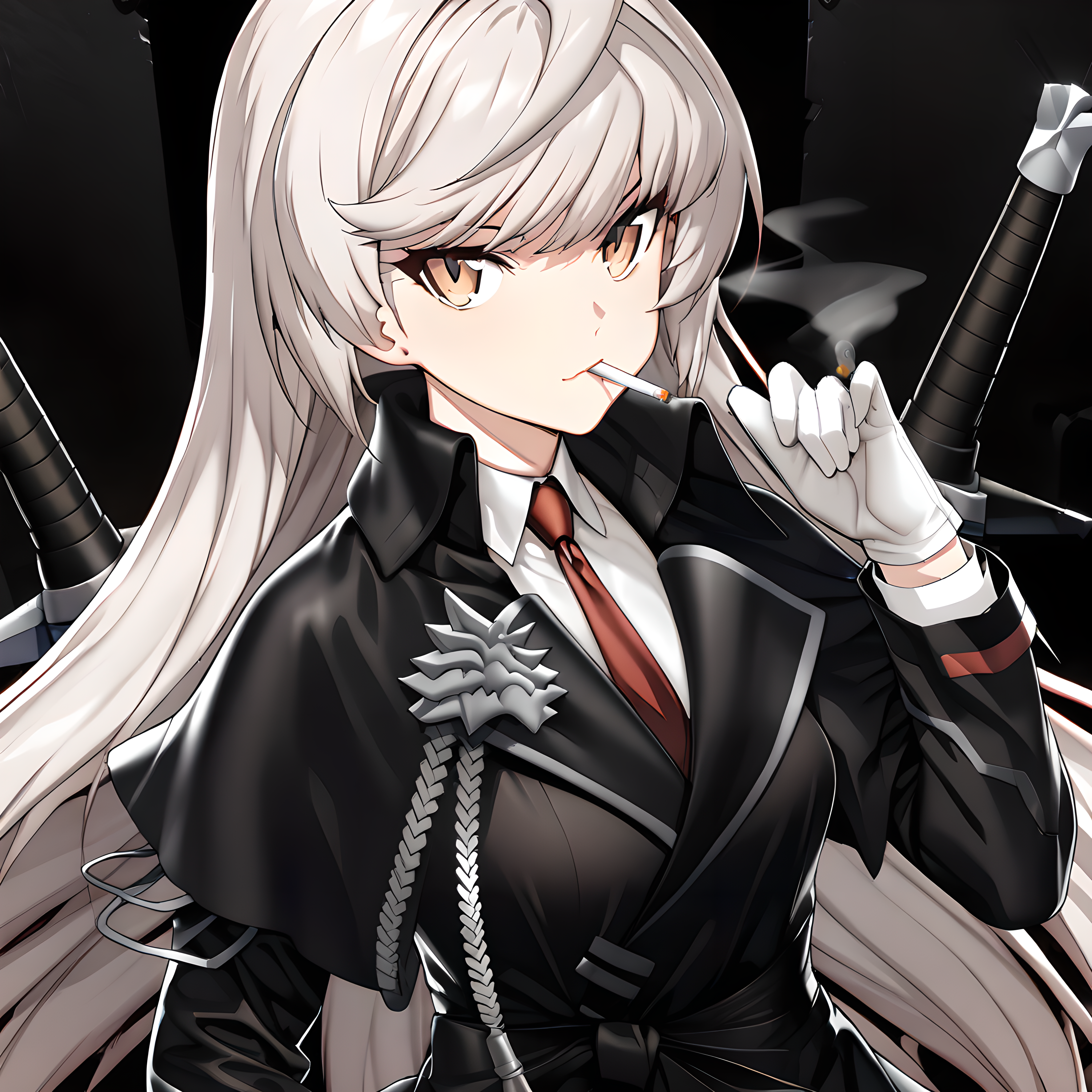 (masterpiece),(best quality),(ultra-detailed),(best illustration),(best shadow),(absurdres),(detailed background),(very aesthetic), hilde, fenrirsquad, 1girl, gloves, long hair, necktie, red necktie, white gloves, solo, weapon, black market background, looking at viewer, smoking, cigarette at mouth,  <lora:Hilde_-_CounterSide_SDXL_Animagine_XL_3.1:1>