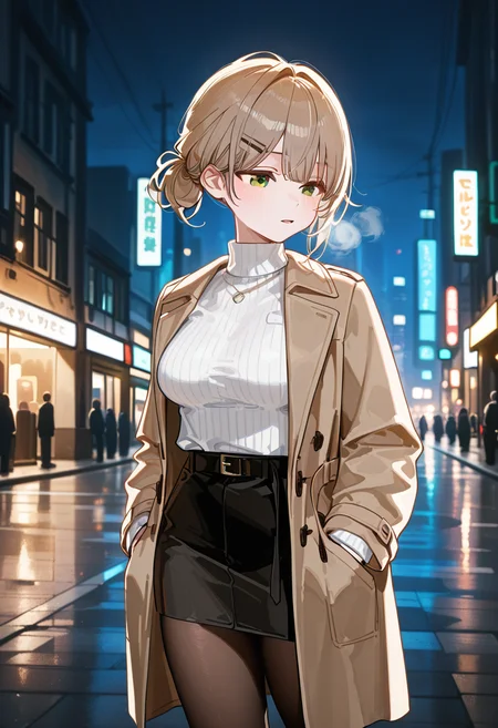 masterpiece, best quality, amazing quality, 1girl, [healthyman, mameojitan, wanke], [ciloranko], brown hair, grey hair, short hair, black hairclip, single side bun, bangs, green eyes, white sweater, turtleneck sweater, ribbed sweater, medium breasts, brown coat, looking to the side, from front, street, city, night, standing, pencil skirt, black skirt, brown pantyhose, cowboy shot, facing down, breathing, ((hands in pockets))