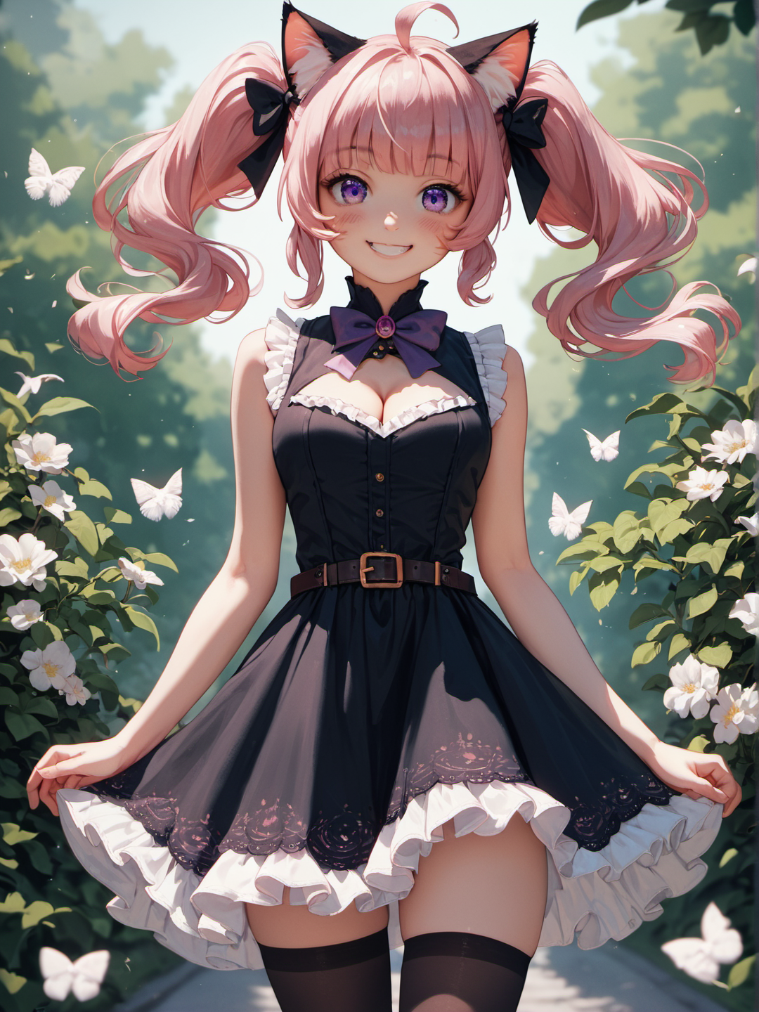score_9, score_8_up, score_8, score_7_up, score_7, score_6_up, score_6, score_5_up, score_5
(masterpiece), best quality, nyatasha nyanners, (beautiful detailed face), (beautiful detailed eyes), (cat ears:1.2), cat ear fluff, (pink hair), (twintails), ahoge, (purple eyes), looking at viewer, (black hairbow), (black dress), frilled dress, sleeveless, (purple bowtie), cleavage cutout, clothing cutout, short dress, (black thighhighs), (chest belt), happy, (smile), blush, cowboy shot
\\ Made with ONE FOR ALL checkpoint by Chaos Experience @ https://civitai.com/user/ChaosExperience/ \\