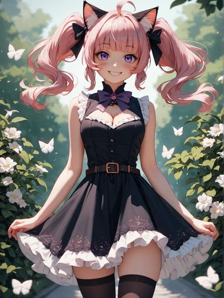 score_9, score_8_up, score_8, score_7_up, score_7, score_6_up, score_6, score_5_up, score_5
(masterpiece), best quality, nyatasha nyanners, (beautiful detailed face), (beautiful detailed eyes), (cat ears:1.2), cat ear fluff, (pink hair), (twintails), ahoge, (purple eyes), looking at viewer, (black hairbow), (black dress), frilled dress, sleeveless, (purple bowtie), cleavage cutout, clothing cutout, short dress, (black thighhighs), (chest belt), happy, (smile), blush, cowboy shot
\\ Made with ONE FOR ALL checkpoint by Chaos Experience @ https://civitai.com/user/ChaosExperience/ \\