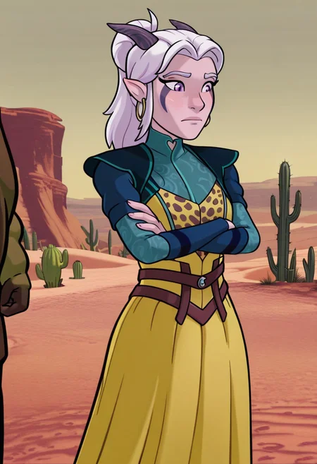 ((art by relatedguy,)), masterpiece, best quality, Rayla, Four Fingered Hand, 1girl, a woman in a leopard print top and a frilly yellow skirt, arms crossed, standing in a desert, hoop earrings, cactus