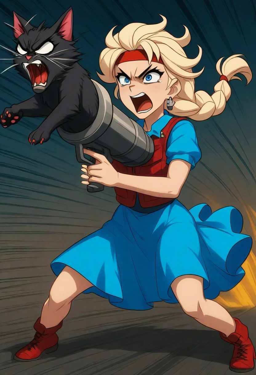embedding:IllusP0s, cat launcher gun, holding weapon, Elsa, blue dress, single blonde braid, red headband, kevlar vest, dogtag, screaming, angry cat, detailed background, dynamic background