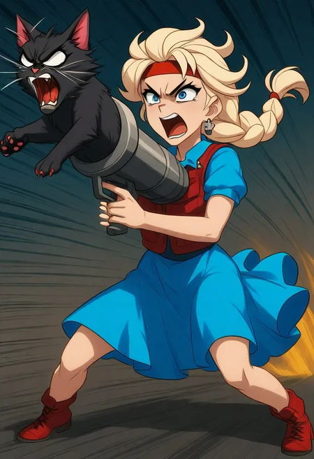 embedding:IllusP0s, cat launcher gun, holding weapon, Elsa, blue dress, single blonde braid, red headband, kevlar vest, dogtag, screaming, angry cat, detailed background, dynamic background