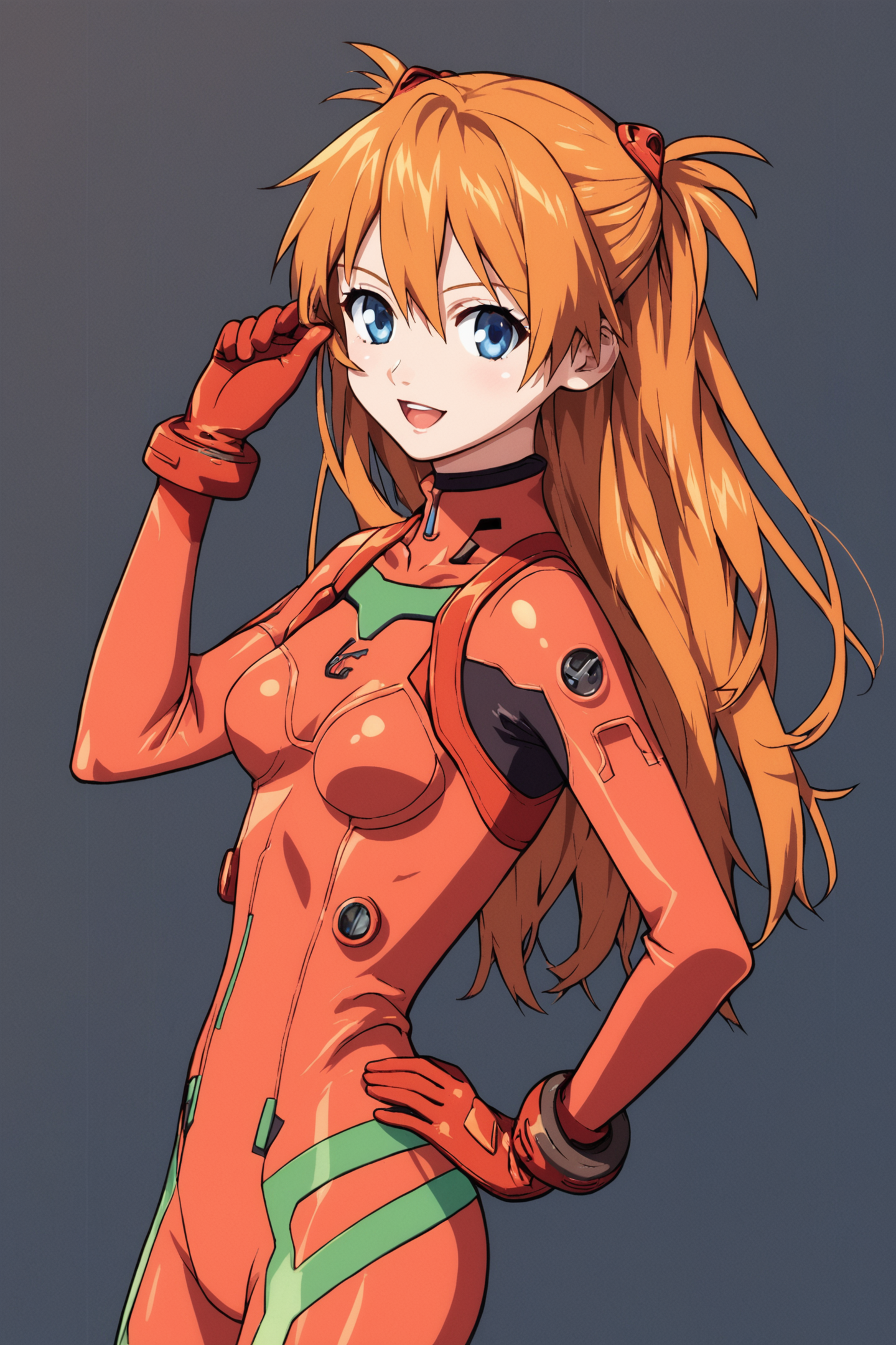 1girl,long hair,plugsuit,bodysuit,souryuu asuka langley,pilot suit,bracer,blue eyes,smile,open mouth,breasts,bangs,turtleneck,solo,cowboy shot,:d,hair between eyes,gloves,red bodysuit,small breasts,looking at viewer,headgear,two side up,hand on hip,skinny,adjusting hair,narrow waist,standing,orange hair,science fiction,hand up,shiny clothes,hair ornament,happy,from side,shiny,skin tight,simple background,black background,score_9,score_8_up,<lora:Yasuomi Umetsu_XL_PONY:0.8>,