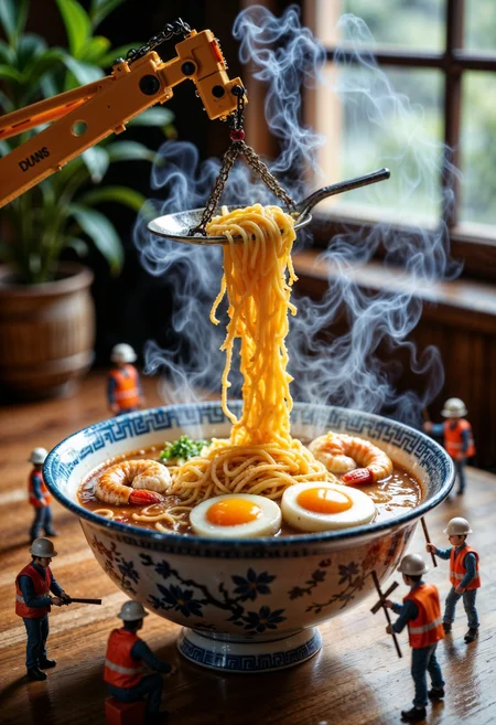 A highly detailed and cinematic close-up of a steaming bowl of ramen with rich broth, soft-boiled eggs with golden yolks, juicy shrimp, and curly noodles. A realistic miniature crane delicately lifts a portion of noodles directly from the bowl, without any plate, making it appear as if the crane is pulling the noodles up. Tiny construction workers in orange safety vests and white helmets surround the bowl, appearing to "construct" or "prepare" the ramen. Some workers are kneeling, others are using tiny tools to interact with the noodles and ingredients. Soft, warm lighting with a dreamy bokeh background enhances the atmosphere, while steam rises naturally from the hot ramen. The bowl is a traditional Japanese porcelain design with intricate blue patterns. Ultra-realistic textures, depth of field, and intricate miniature details for a hyper-realistic, whimsical scene