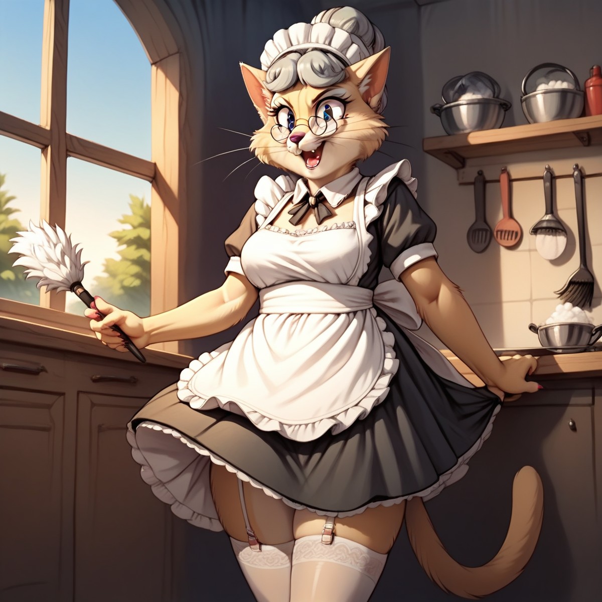 score_9, score_8_up, score_7_up, score_6_up, score_5_up, score_4_up,
source_furry,
masterpiece,
shading,
cartoon,
1girl,
solo,
female,
furry,
furry female,
cat,
feline,
Aunt_Polly, solo, 1girl, glasses, open mouth, furry, fat, round eyewear, whiskers, animal ears, looking at viewer, teeth, simple background, furry female, short sleeves,
 <lora:Aunt_Polly_Tom_Sawyer_2000_Pony_SDXL:1> aunt_polly,
 <lora:90s4n1m3XLP:1> 90s4n1m3, maid,
maid outfit,
skirt,
stockings,
white stockings,
featherduster,
cleaning,
bonnet,
headwear,
kitchen,