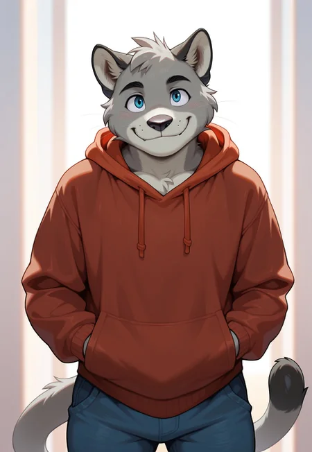 masterpiece,best quality,amazing quality,clothing, domestic_cat, feline, graff_filsh,big black nose, grey_body,solo,grey_fur,furry, tail, smile, looking at viewer, detailed eyes