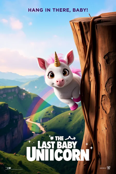 mvpstr. Epic Movie poster for "The Last Baby Unicorn", featuring A cute, wide-eyed baby unicorn with pastel-colored fur and a tiny horn hanging precariously to the edge of a cliff, about to fall off. In the background, a whimsical, mystical landscape is visible, with gentle hills, magical sparkles, and a faint rainbow. tagline at the top reads: "Hang in there, baby!" At the bottom, add the film title, "The Last Baby Unicorn," in a playful, fantasy-style font that complements the lighthearted tone. <lora:schnell_v1.0:1.0> <lora:EpicMoviePoster-000015:1.0>