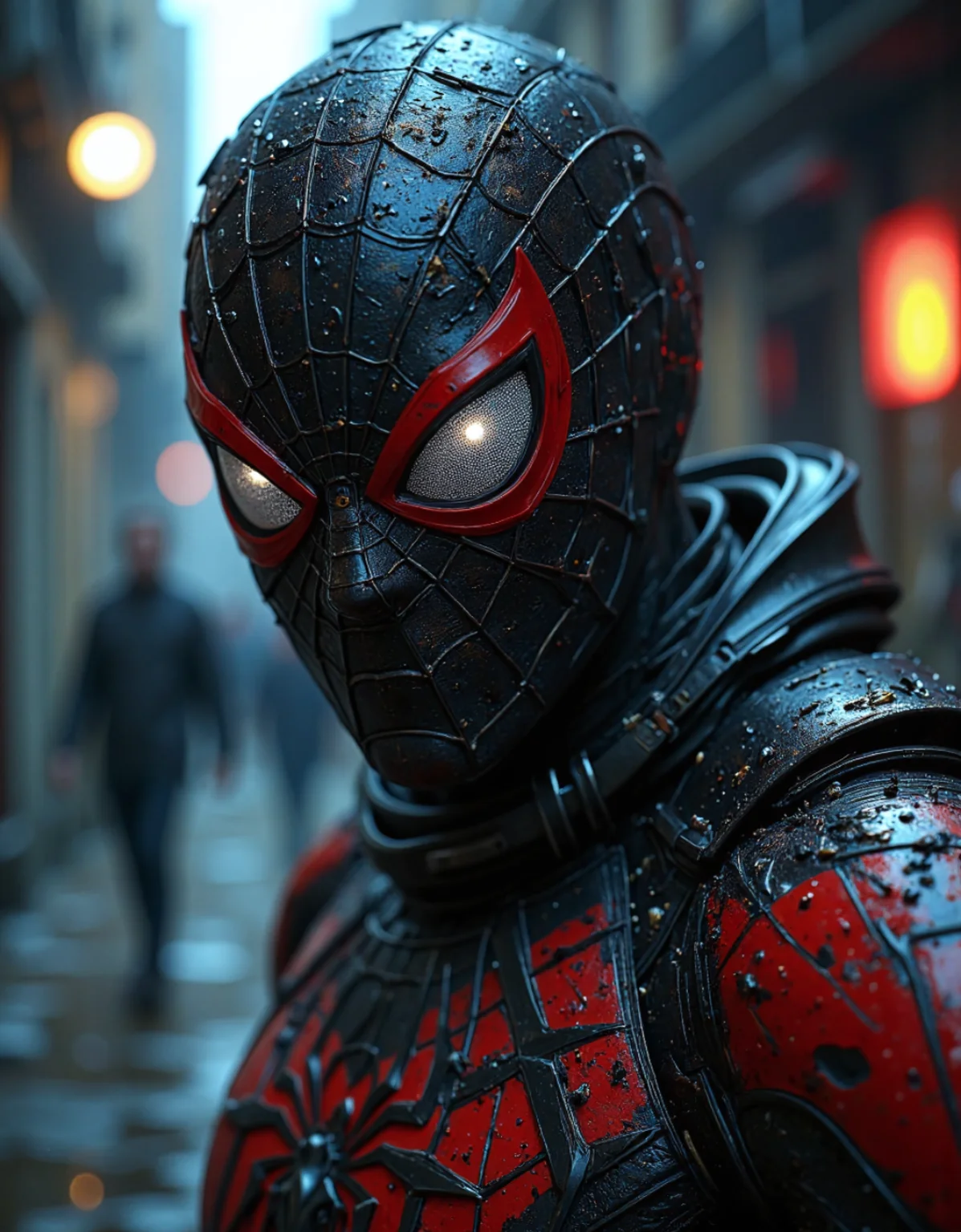 sci-fi style (dark mood masterpiece Photography:1.2), a portrait of Spiderman, modern, fuzzy lighting, dark mood, (rule of thirds composition), mysteriouse, emotional, highly detailed, melancholic, refraction, low-light hyper detailed photography, partially damaged armor, looking at the camera, eye-level shot,close-up,style by luis royo,light and shadow plays,silhouette lighting . futuristic, technological, alien worlds, space themes, advanced civilizations