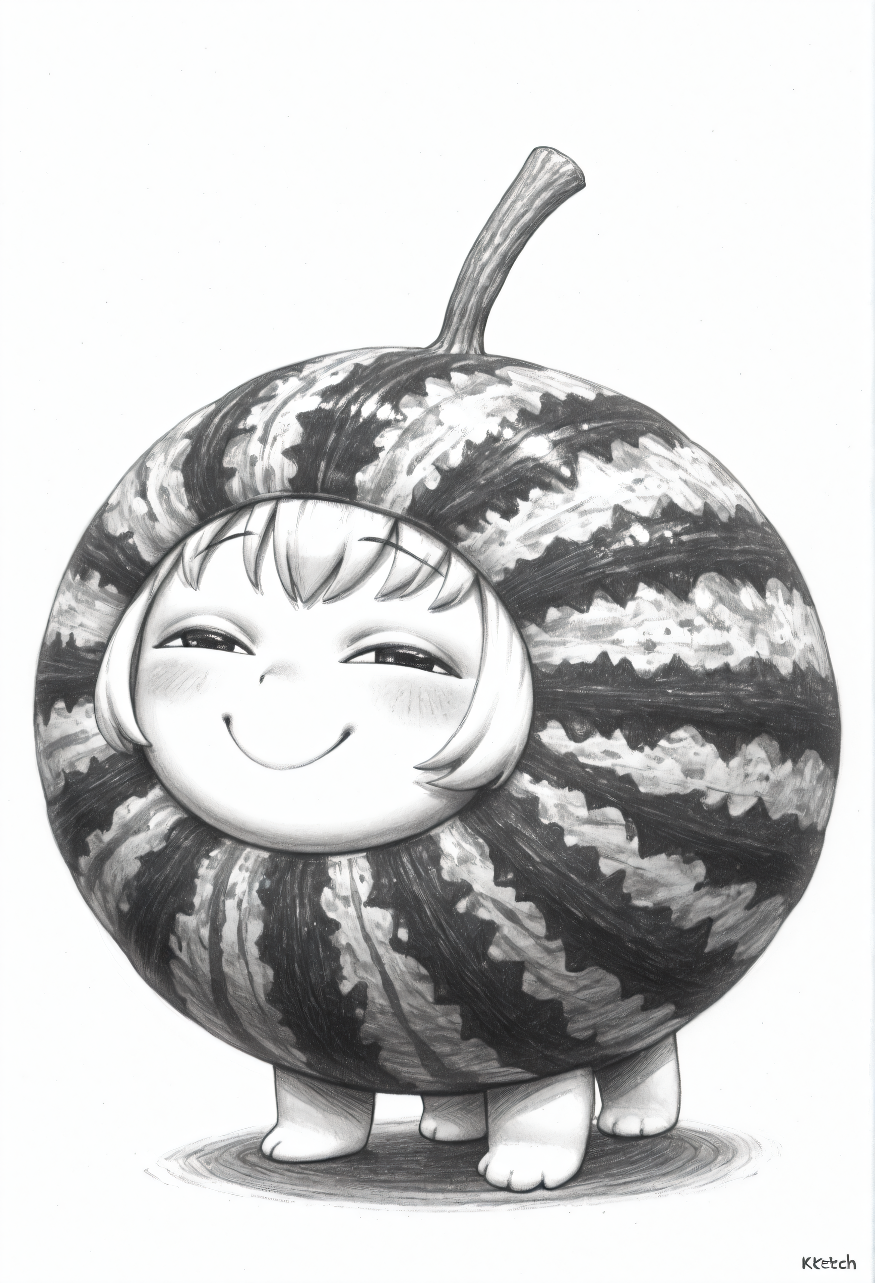 1other, Watamelon, no humans, cosplay, chibi, watermelon, smile, smug, half-closed eyes, <lora:ChamWatamelonIllustriousXL:1>, from side, very awa, masterpiece, best quality, highres, absurdres, <lora:SketchArtV2:1>, greyscale, monochrome, sk3tch, hatching/(texture/)
