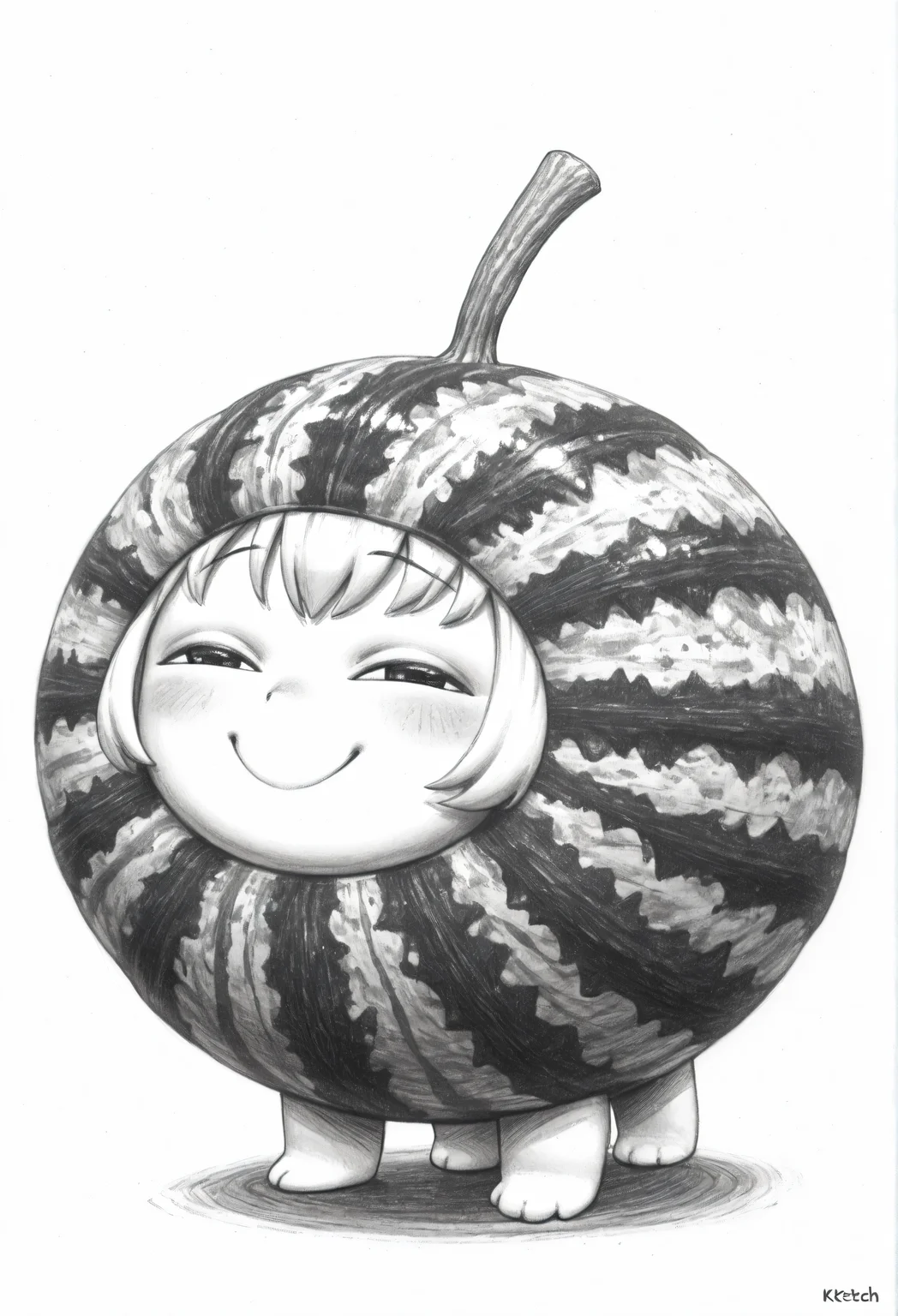 1other, Watamelon, no humans, cosplay, chibi, watermelon, smile, smug, half-closed eyes, <lora:ChamWatamelonIllustriousXL:1>, from side, very awa, masterpiece, best quality, highres, absurdres, <lora:SketchArtV2:1>, greyscale, monochrome, sk3tch, hatching/(texture/)