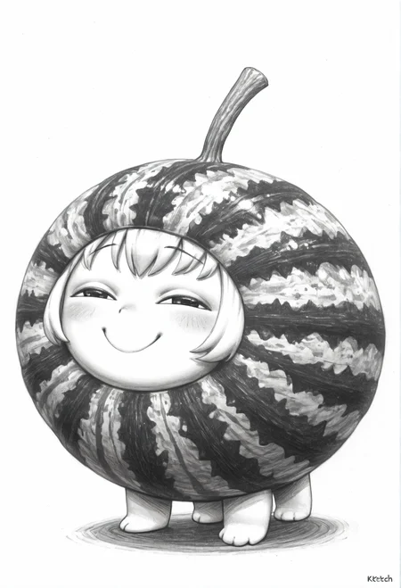 1other, Watamelon, no humans, cosplay, chibi, watermelon, smile, smug, half-closed eyes, <lora:ChamWatamelonIllustriousXL:1>, from side, very awa, masterpiece, best quality, highres, absurdres, <lora:SketchArtV2:1>, greyscale, monochrome, sk3tch, hatching/(texture/)