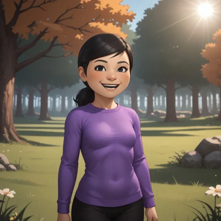 score_9, score_8, BREAK, solo, mii, wii u, wii sports club, 1girl, female mii, cute, black hair, ponytail, black eyebrows, black eyes, open mouth, teeth, blush, purple clothing, black pants, sneakers, small breasts, Pian-Pian_(\Wii_Sports_Club\), Nintendo Mii, modern_mii, classic_mii, sexy pose, smile, outdoors, sunlight, shadows, evening lighting, natural lighting, forest, trees, grass, orange sky, sunset