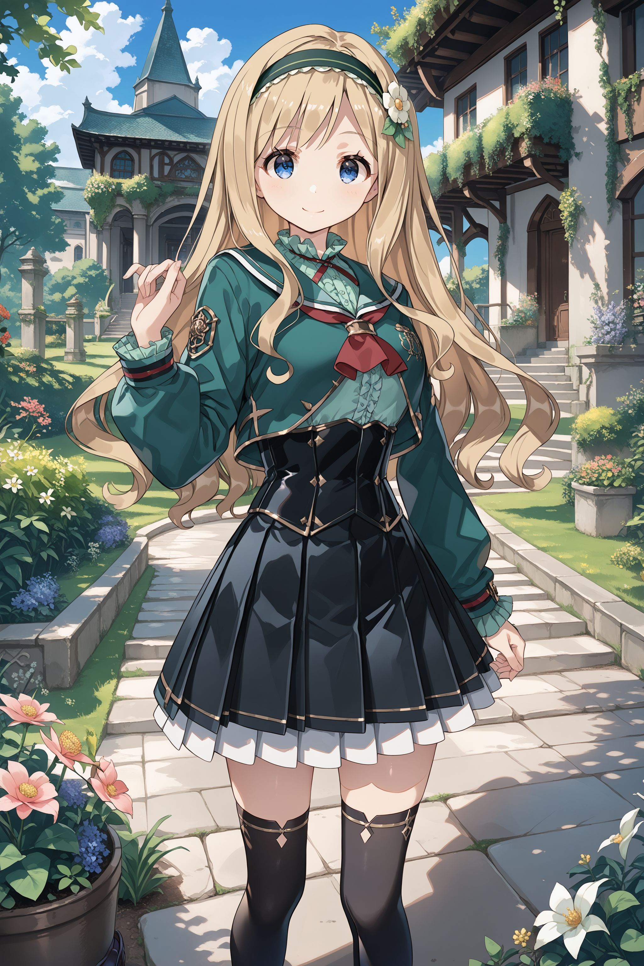 score_max, (score_9, score_8_up, score_7_up:1.2), score_6_up, official art, source_anime,
, masterpiece, absurdres, high detail, 8k,
outdoors, garden, arch, flower,
standing, hand up, light smile,
kamotti, green hairband, hair flower, school uniform, cross tie, green jacket, long sleeves, crop top, red neckerchief, green shirt, frilled shirt, corset, black skirt, pleated skirt, black thighhighs, loafers
<lora:XL_Pony_gomaotsu-chamomile-t1:1>