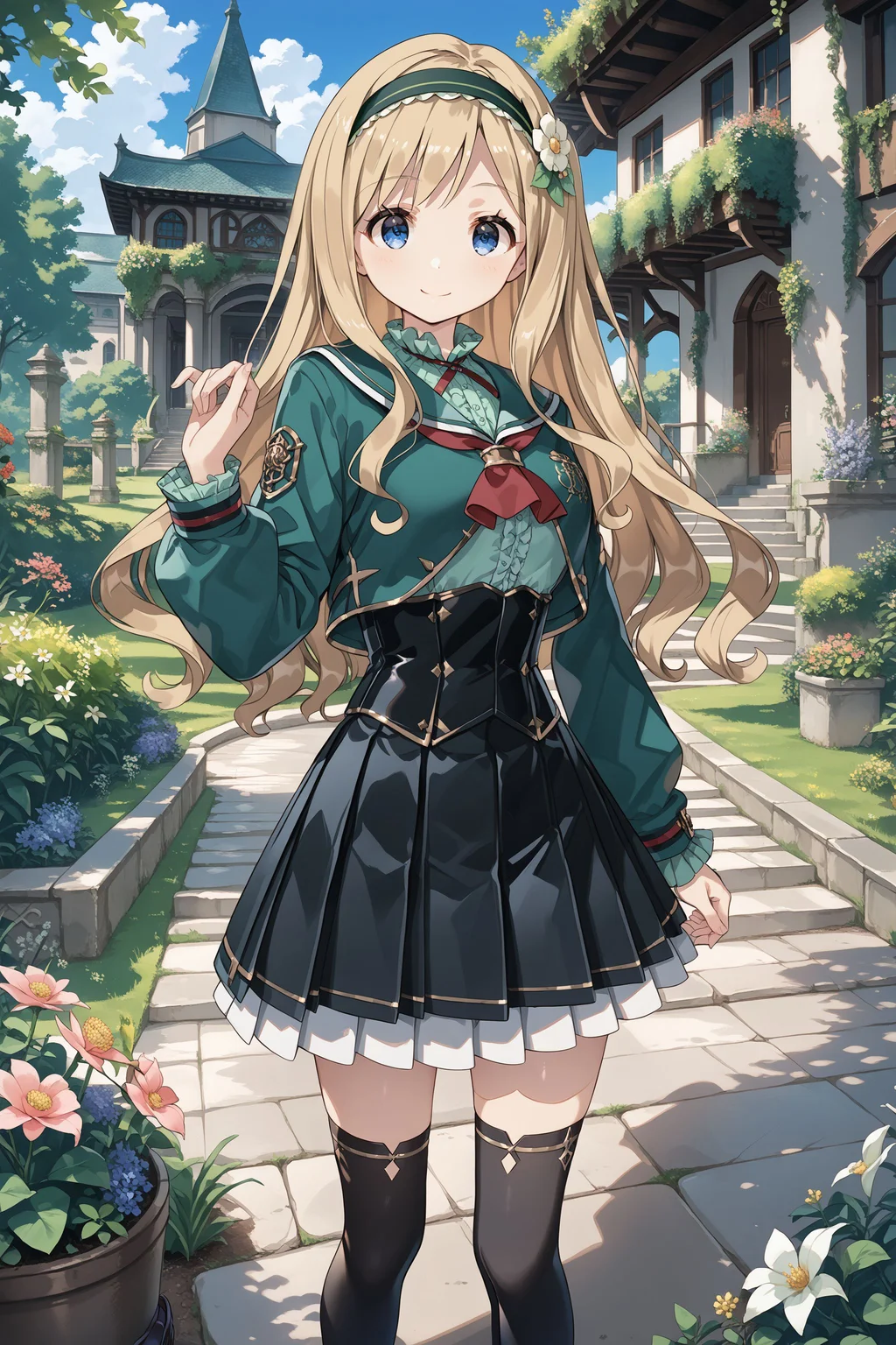 score_max, (score_9, score_8_up, score_7_up:1.2), score_6_up, official art, source_anime,
, masterpiece, absurdres, high detail, 8k,
outdoors, garden, arch, flower,
standing, hand up, light smile,
kamotti, green hairband, hair flower, school uniform, cross tie, green jacket, long sleeves, crop top, red neckerchief, green shirt, frilled shirt, corset, black skirt, pleated skirt, black thighhighs, loafers
<lora:XL_Pony_gomaotsu-chamomile-t1:1>