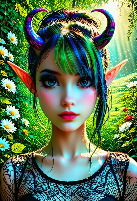 Goth, emo, fairy, humanoid feminine fairy with a pale mauve skin, intricate pearlescent horns, and multiple eyes, set against a vibrant green background. The fairie face is expressive, with a hint of curiosity and intelligence in its gaze. Its body is covered in intricate patterns and markings, suggesting a complex and ancient culture. The background is filled with flowers andushrooms, creating a sense of mystery and wonder. The flowers in her hair are a perfect, and they add a touch of femininity to her otherwise magical appearance. The forest is a perfect setting for this image, and it adds to the overall sense of mystery and intrigue. The fairies wings are sleek and shiny.
BREAK
HDR, (high contrast), (vibrant color), (ultra sharp), detailed textures, sharp focus, ultra-high pixel detail, intricate, realistic, movie scene, cinematic, high-quality, full colors, incredibly detailed, 4k, 8k, 16k, hyper-realistic, RAW photo, masterpiece, ultra-detailed, professionally color graded, professional photography, stunning quality, ultra-high resolution, photorealistic, 8k, hyper-realistic, Rembrandt lighting