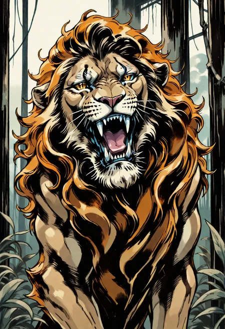 yshinkawa, anime, highly-detailed, best quality, masterpiece, newest, very aesthetic, 1boy, solo, lion, smug, open mouth, fangs, zoo