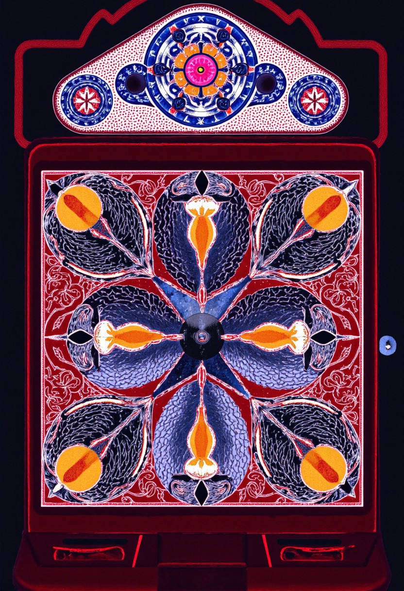 Slot machine graphics from front view . Disturbing scenes of addiction, people injecting drugs heroin, white powder, drinking alcohol smoking cigarettes. very strange surrealist style with holographic vortex featuring swirls of holotropic colour and glowing eyes wet distorted factory shot. On the television sets are glowing hands, with electricity coming off the finger tips. swirling around her head are holograms of  glyphs chaos magick symbols. the room has thick electricity cables and smoke is coming off them. large wet glistening slices of wet soggy ham and hot dogs are floating in the air, dripping gooey sauce combining mustard and blood, there are multiple wet hotdogs floating. on the wall in the background are photos of nuclear explosions
