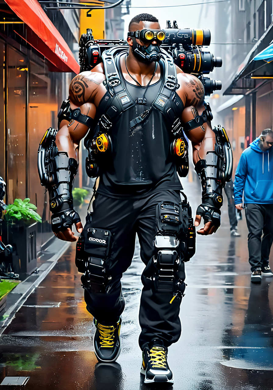 a large muscular cyborg man, <lora:excybertechsdxl:1>, excybertechsdxl, best quality, masterpiece, mechanical parts, detailed, intricate, sneakers, cyber-ninja, robotic arms, large backpack, goggles, reflections, rain, , arm cannon, cybernetic jaw,