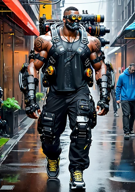 a large muscular cyborg man, <lora:excybertechsdxl:1>, excybertechsdxl, best quality, masterpiece, mechanical parts, detailed, intricate, sneakers, cyber-ninja, robotic arms, large backpack, goggles, reflections, rain, , arm cannon, cybernetic jaw,