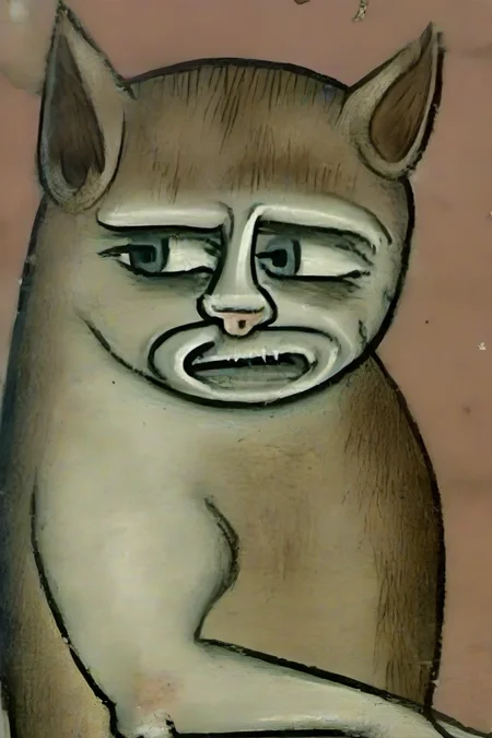 <lora:PE_BadMedivalArt:1> PEBadMedivalArt,bad medieval painting,terrible,ugly,
portrait of grumpy cat