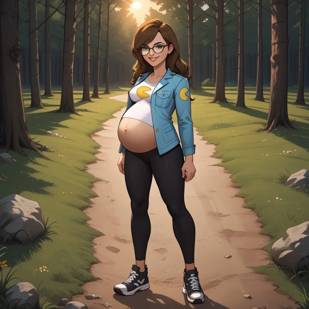 score_9, score_8, BREAK, solo, brown hair, dark green eyes, glasses, lips, cyan jacket, white shirt, pacman print, breasts, leggings, sneakers, Ally_(Disventure_Camp), cute, adult female, mature female, (((pregnant))), sexy pose, self portrait, smile, looking at viewer, outdoors, sunlight, shadows, evening lighting, natural lighting, forest, trees, grass, orange sky, sunset