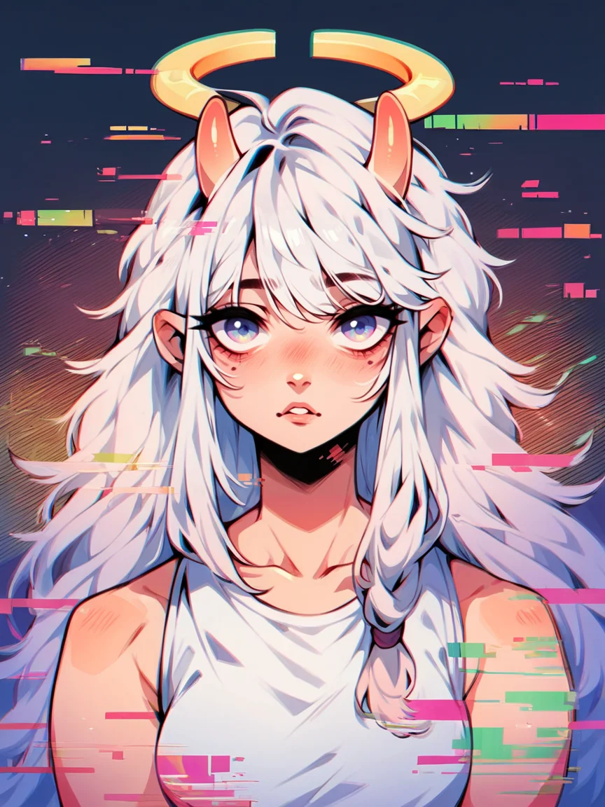 score_9, score_8_up, score_7_up, score_6_up, score_5_up, score_4_up,   <lora:gl1tchXLP:1> gl1tch, 1girl, glitch, portrait, angel, horns, noise,  curvy, pinup,