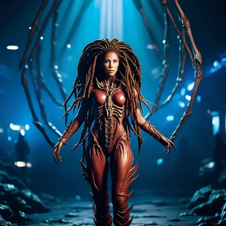 cinematic photo a full body science fiction monster woman, dreadlocks, spaceship<lora:InfestedKerrigan1024:0.8> . 35mm photograph, film, bokeh, professional, 4k, highly detailed