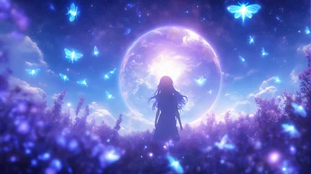 masterpiece, best quality, light particle, depth of field, fantasy, scenery, far away, no humans, blue light, pastel colors, chromatic aberration abuse, blue aura, aura, cinematic, atmosphere, purple light, illumination, (lens flare abuse:0.7), (earth:1.2) , fireflies, , (earth \(planet\):1.2), blue sky
