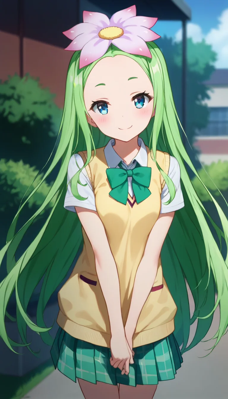 score_9,score_8_up,score_7_up,score_6_up BREAK official art,solo,outdoors,cowboy shot,looking at viewer,facing viewer,smile,blush,Celine,hair flower,very long hair,green hair,sidelocks,forehead,blue eyes,school uniform,sweater vest,yellow vest,white shirt,collared shirt,green bowtie,short sleeves,small breasts,miniskirt,green skirt,plaid skirt,pleated skirt,black socks,loafers,<lora:Celine(tlr)-Pony:1.6>,
