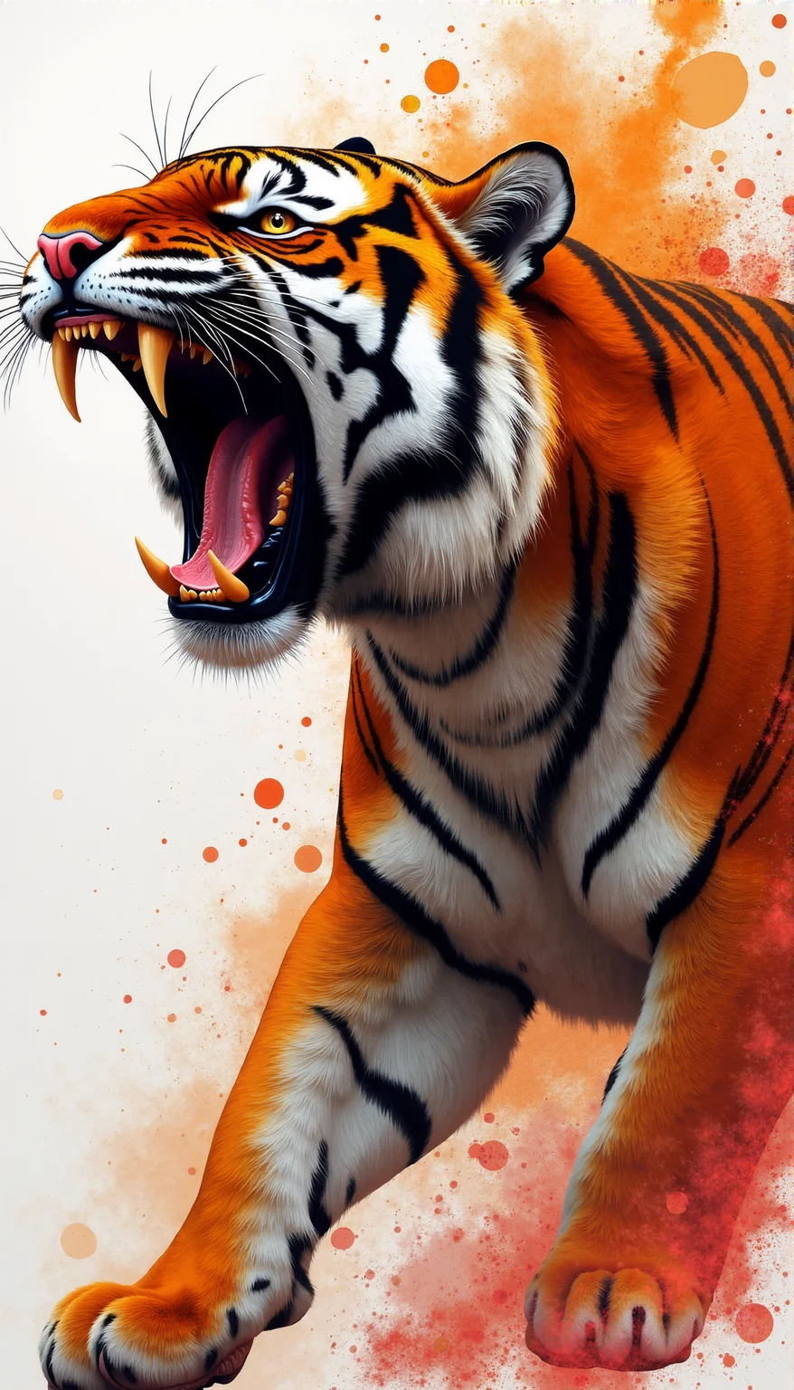 Super detailed: The artwork features a roaring tiger, its body depicted in a dynamic side profile with its powerful jaw wide open, showcasing sharp, gleaming teeth and fierce, expressive eyes. The tiger's face is angled slightly upward, emanating raw energy and primal power. Created by Sasan. The fur is intricately detailed with vivid black stripes contrasting against the deep orange and white sections, each hairstroke meticulously rendered for realism. Splashes of vibrant orange, red, and ochre form an abstract, explosive background that suggests both movement and intensity, blending seamlessly into the tiger’s fur and creating an atmosphere of wild energy. The artistic style is bold, with a mix of realism and expressive, watercolor splatters that lend a modern, dramatic flair.